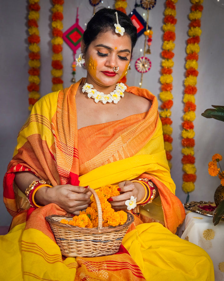 RangDhaaga Yellow & orange Saree with Temple Border