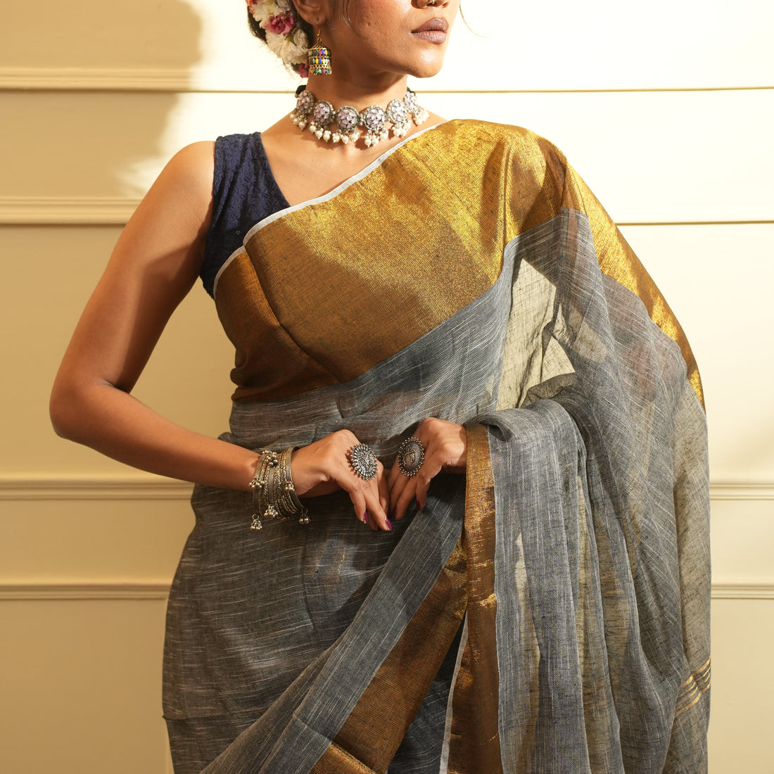 Rangdhaaga Grey with Golden Border Linen Saree - By Shreya