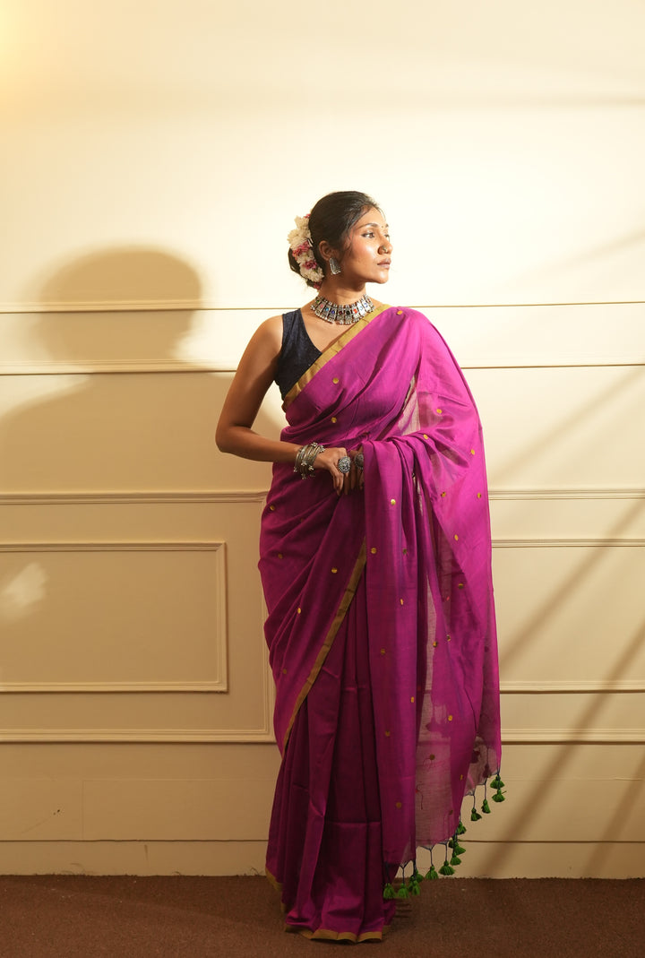 RangDhaaga Purple with Neon Green Border Sequence Cotton Saree - By Shreya