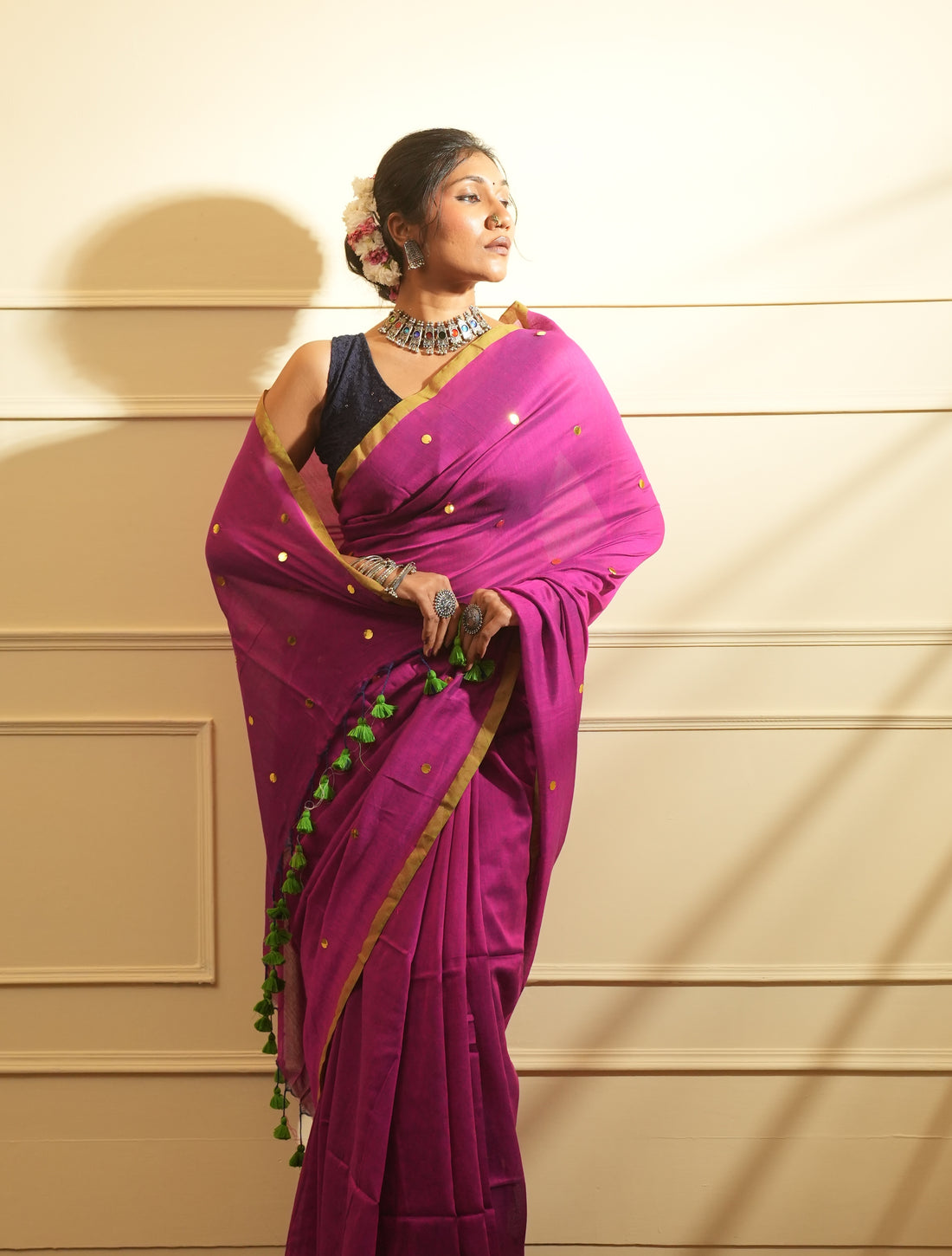 RangDhaaga Purple with Neon Green Border Sequence Cotton Saree - By Shreya