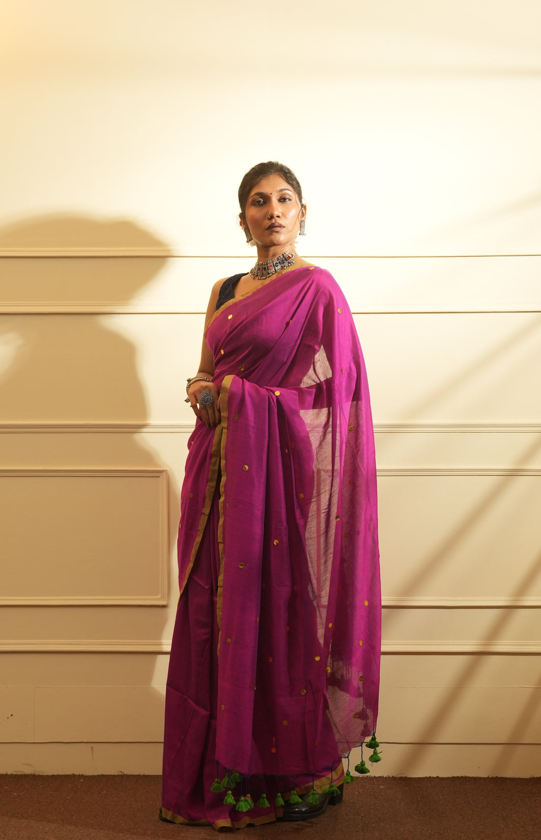 RangDhaaga Purple with Neon Green Border Sequence Cotton Saree - By Shreya