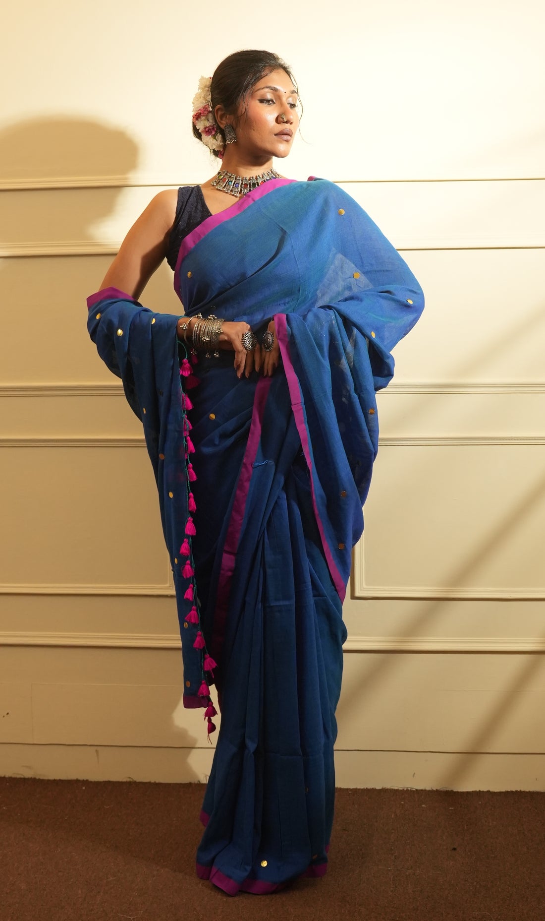 RangDhaaga Royal Blue with Pink Border Sequence Cotton Saree - By Shreya