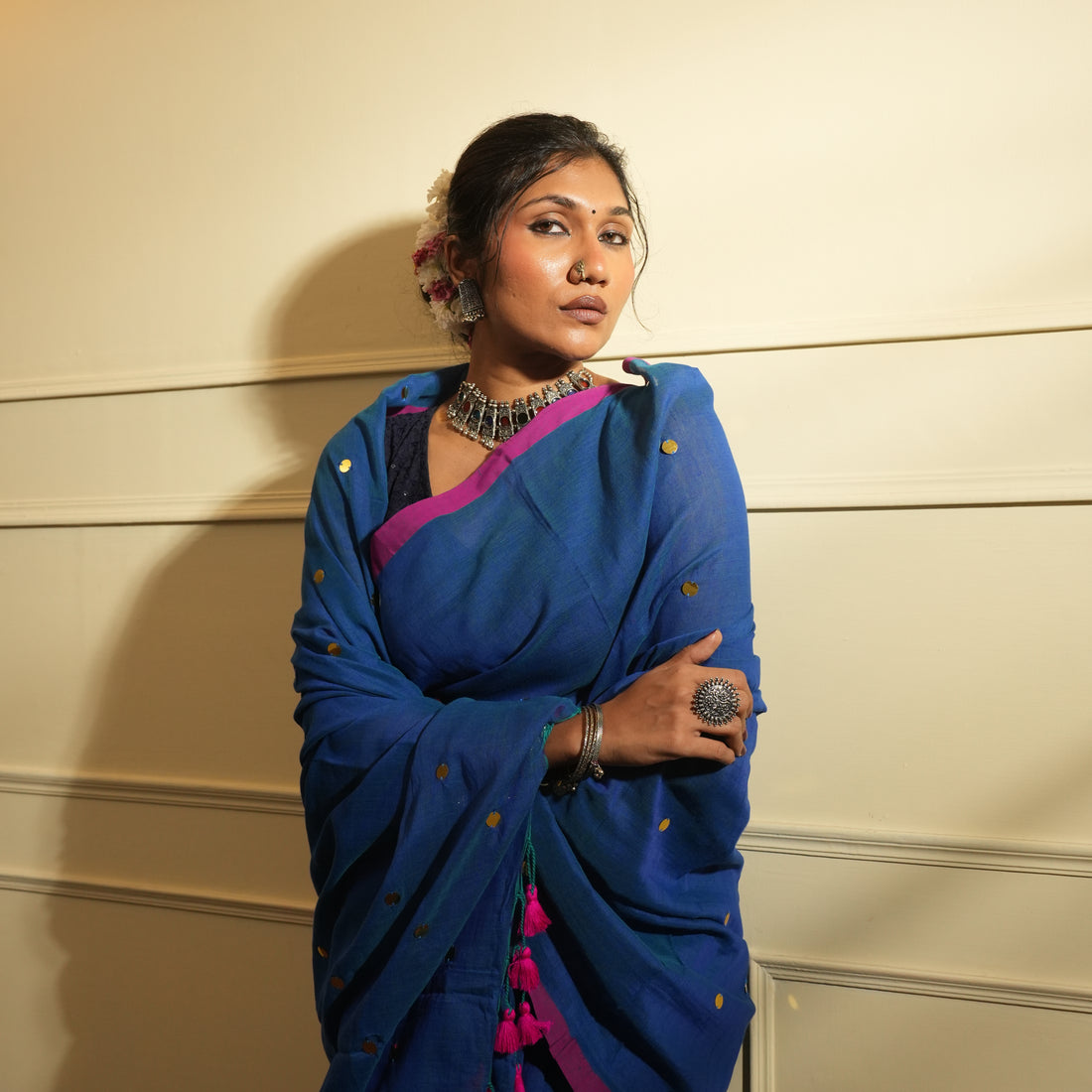 RangDhaaga Royal Blue with Pink Border Sequence Cotton Saree - By Shreya