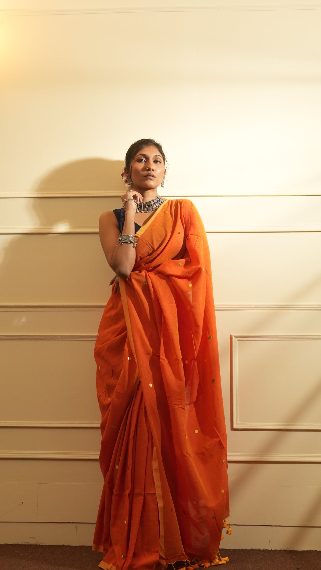 RangDhaaga Orange with Yellow Border Sequence Cotton Saree - By Shreya