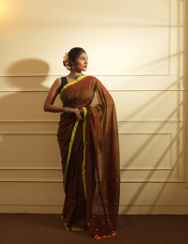 RangDhaaga Brown with Dual Tone Neon Border Sequence Cotton Saree - By Shreya