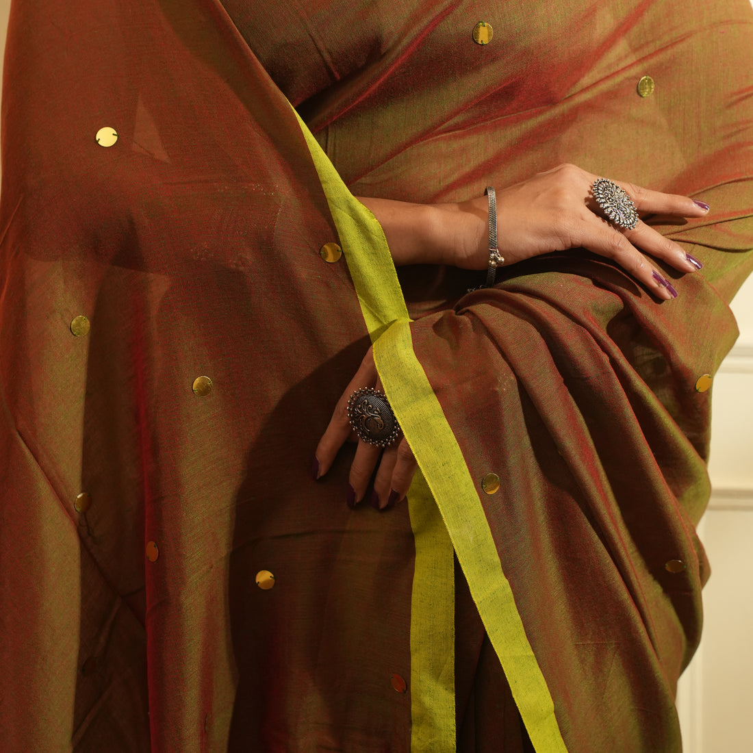 RangDhaaga Brown with Dual Tone Neon Border Sequence Cotton Saree - By Shreya