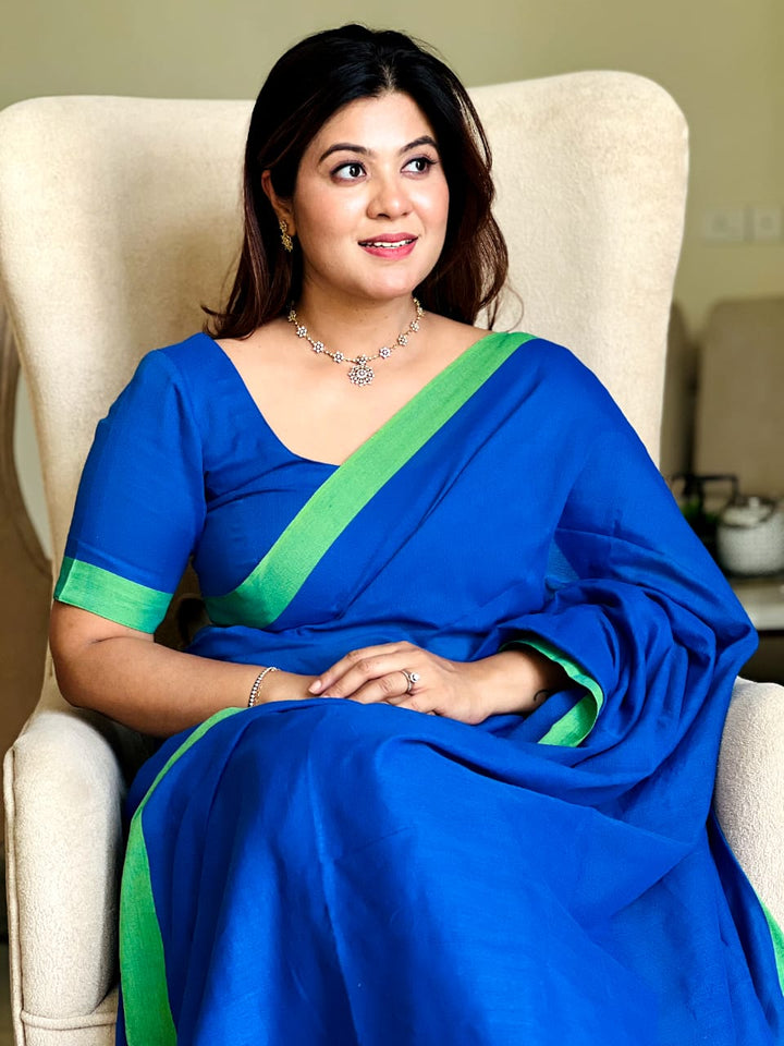 Rangdhaaga Blue contrast green border cotton saree by Jagdisha