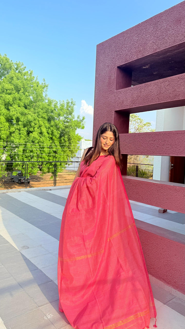 Rangdhaaga baby pink  mini zari lining cotton saree