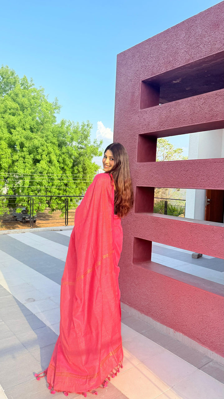 Rangdhaaga baby pink  mini zari lining cotton saree