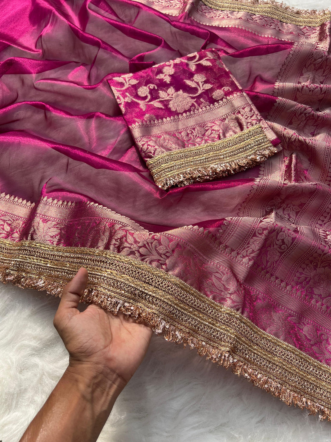 RangDhaaga Jahvni Kapoor Inspired Pink Banarasi Tissue Silk Saree with Rich Pallu and Lacework