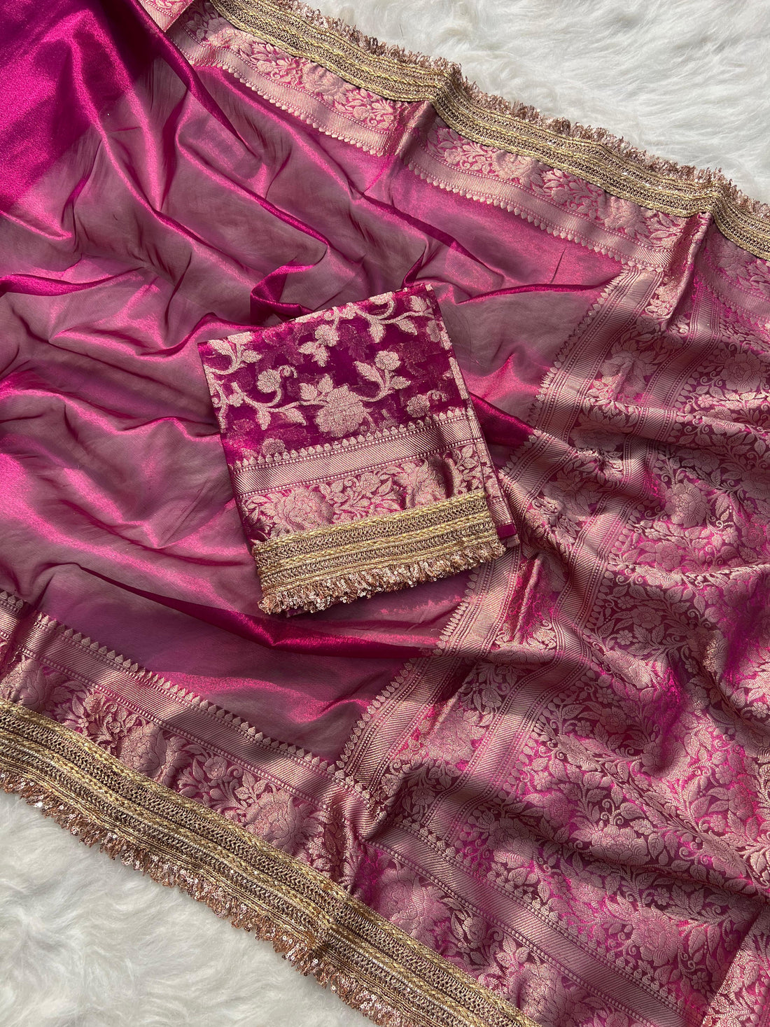 RangDhaaga Jahvni Kapoor Inspired Pink Banarasi Tissue Silk Saree with Rich Pallu and Lacework