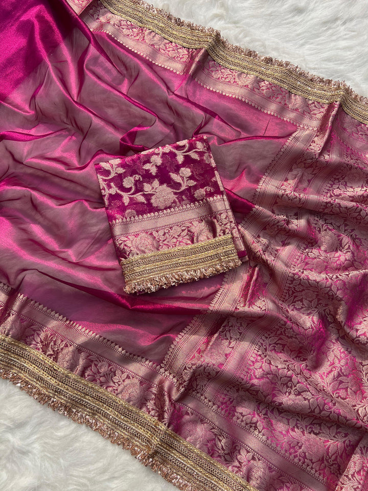 RangDhaaga Jahvni Kapoor Inspired Pink Banarasi Tissue Silk Saree with Rich Pallu and Lacework