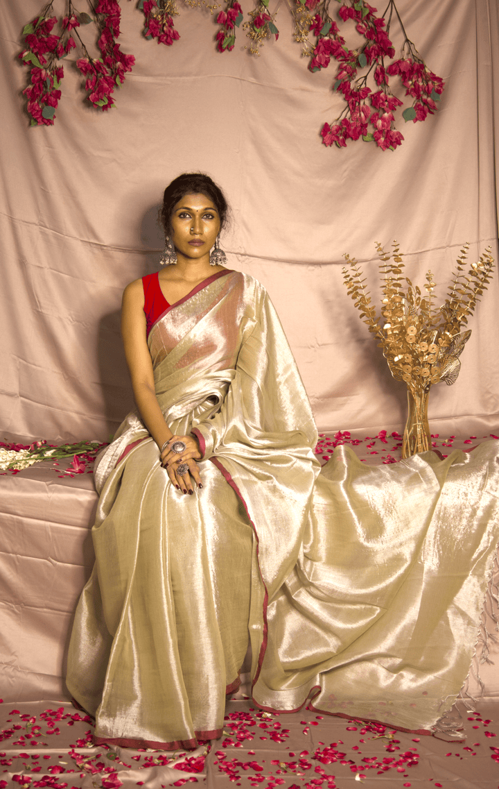 RangDhaaga Rose Gold With Red Border Raga Tissue Saree