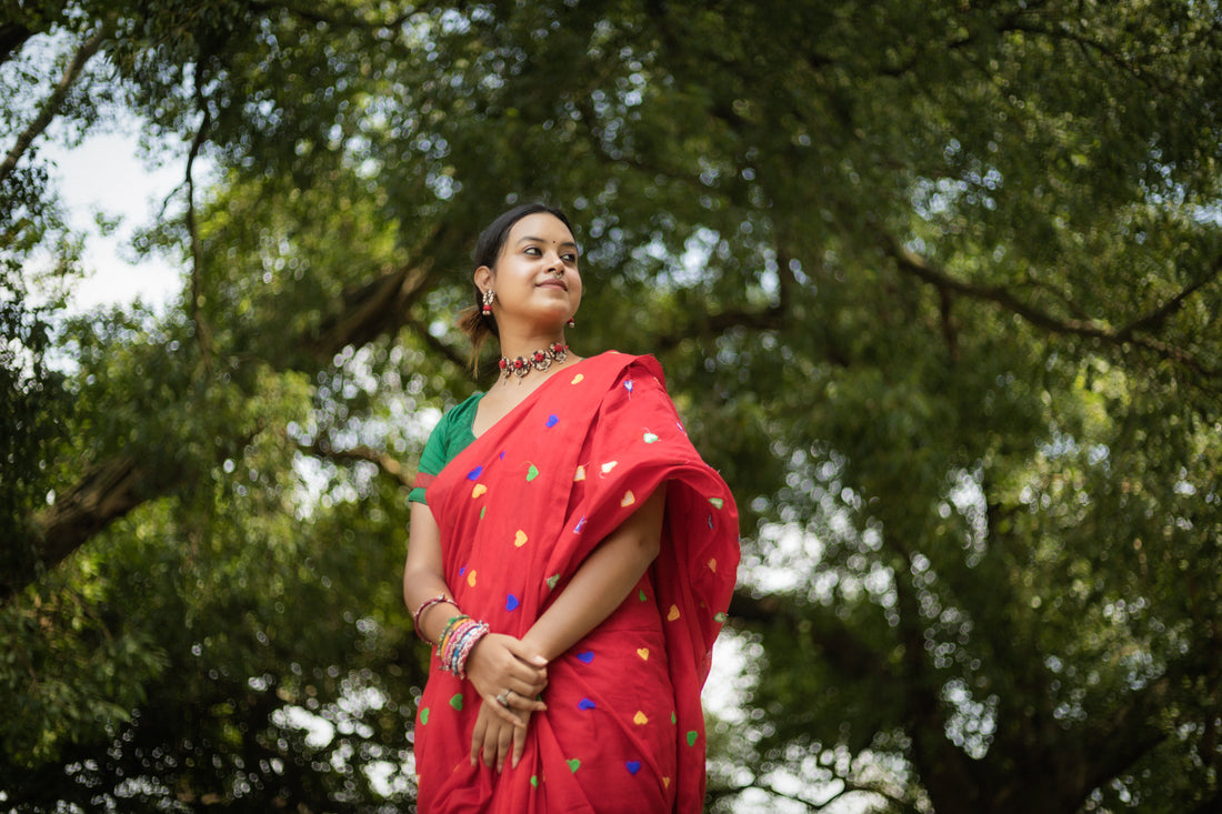 Rangdhaaga red with multi heart  Embroidery Cotton Saree