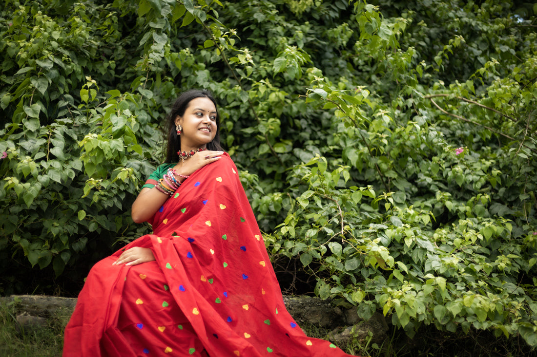 Rangdhaaga red with multi heart  Embroidery Cotton Saree
