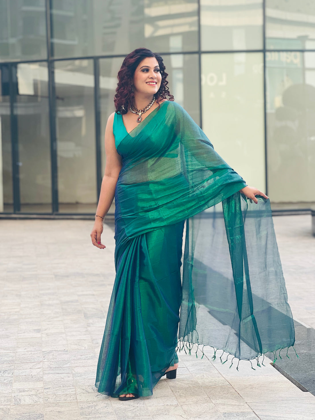RangDhaaga Dark Green Raga Tissue Saree