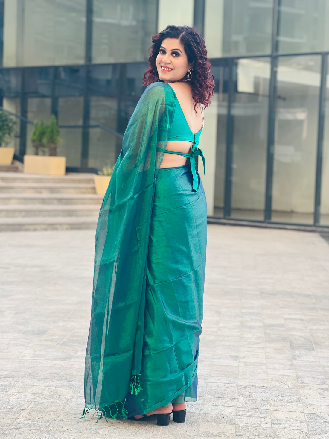 RangDhaaga Dark Green Raga Tissue Saree
