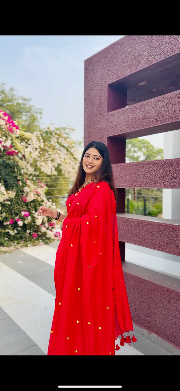 Rangdhaaga Red Sequence Cotton Saree