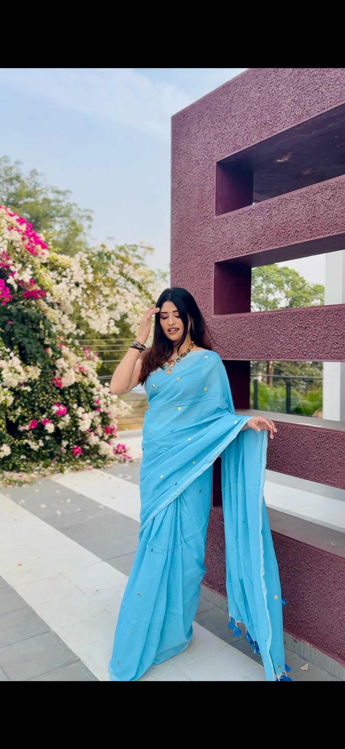 Rangdhaaga Sky Blue Sequence Cotton Saree