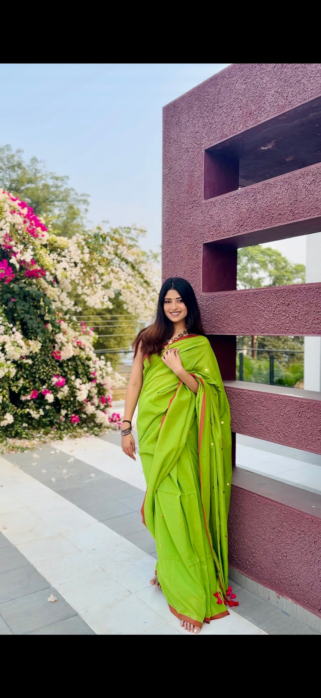 Rangdhaaga Neon Green with Red Border Sequence Cotton Saree
