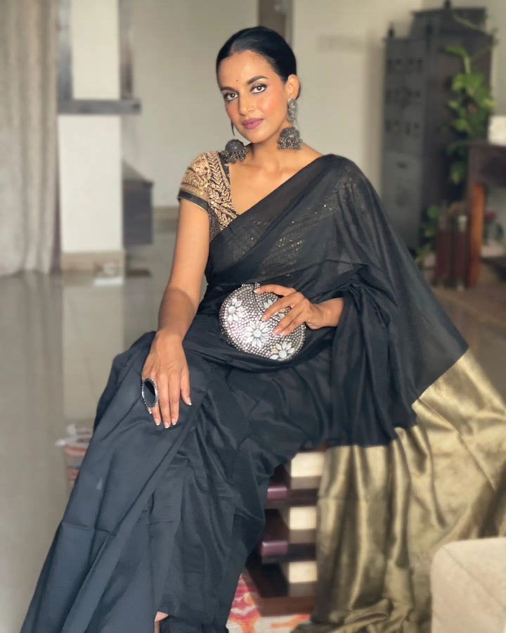 Rangdhaaga Black With Contrast Copper Pallu Khadi Saree