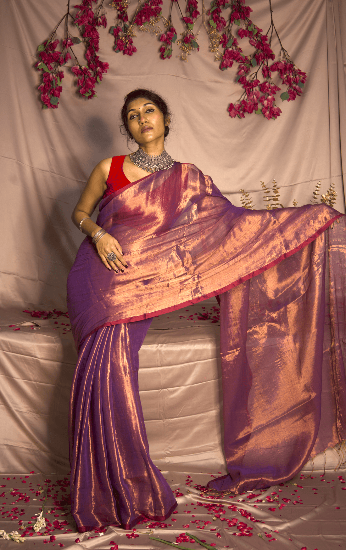RangDhaaga Lilac with red border Raga Tissue Saree