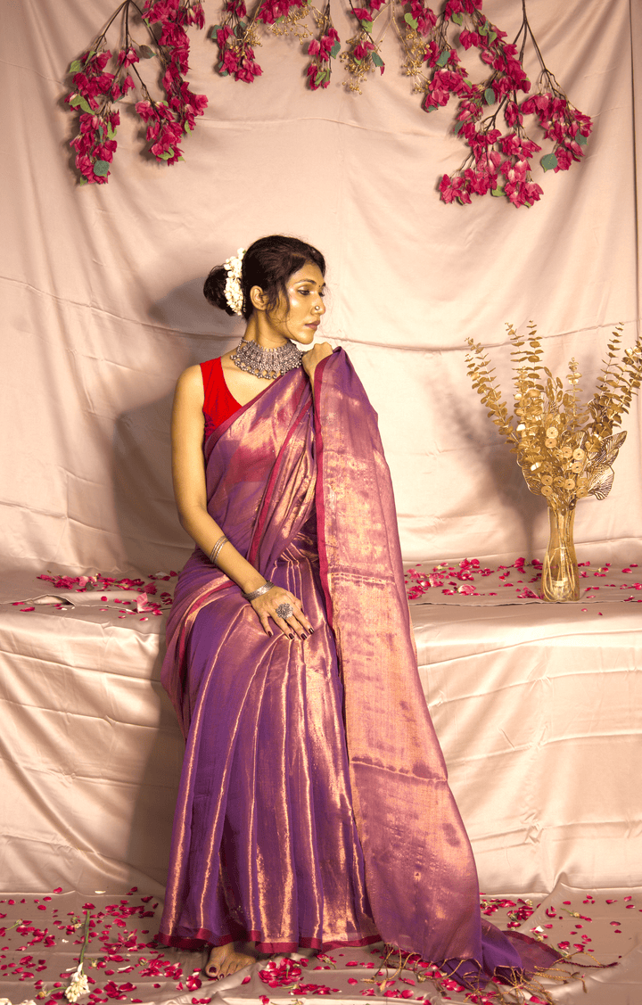 RangDhaaga Lilac with red border Raga Tissue Saree