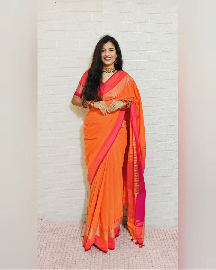 Rangdhaaga Orange With Light Orange Temple Border saree