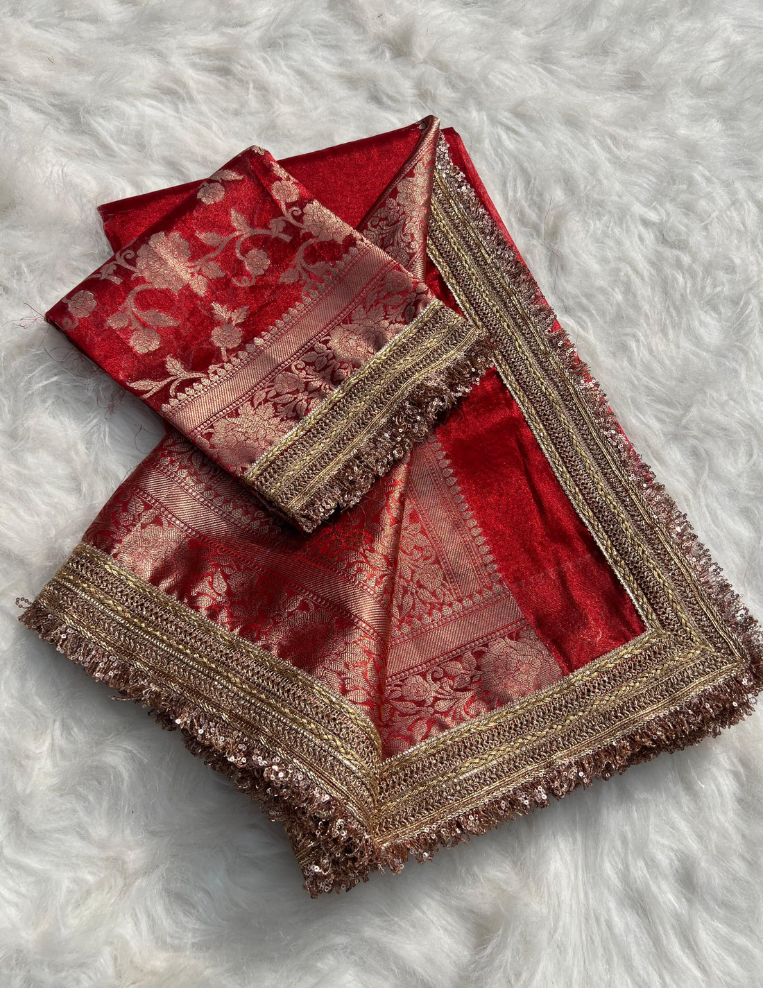 RangDhaaga Red Banarasi Tissue Silk Saree with Rich Pallu and Lacework