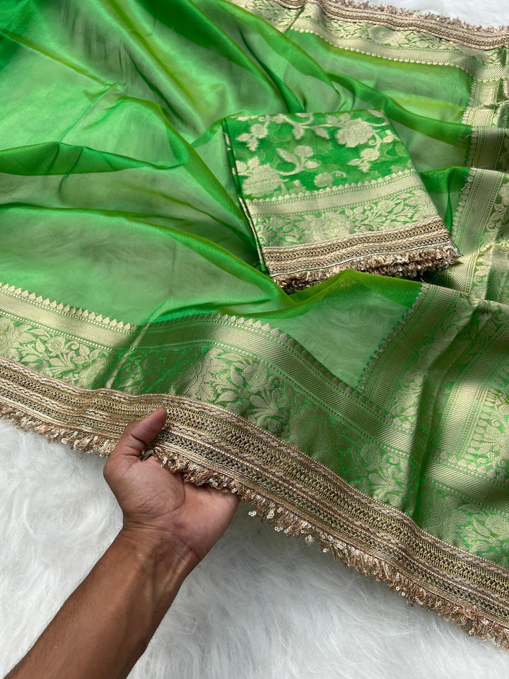 RangDhaaga Green  Banarasi Tissue Silk Saree with Rich Pallu and Lacework