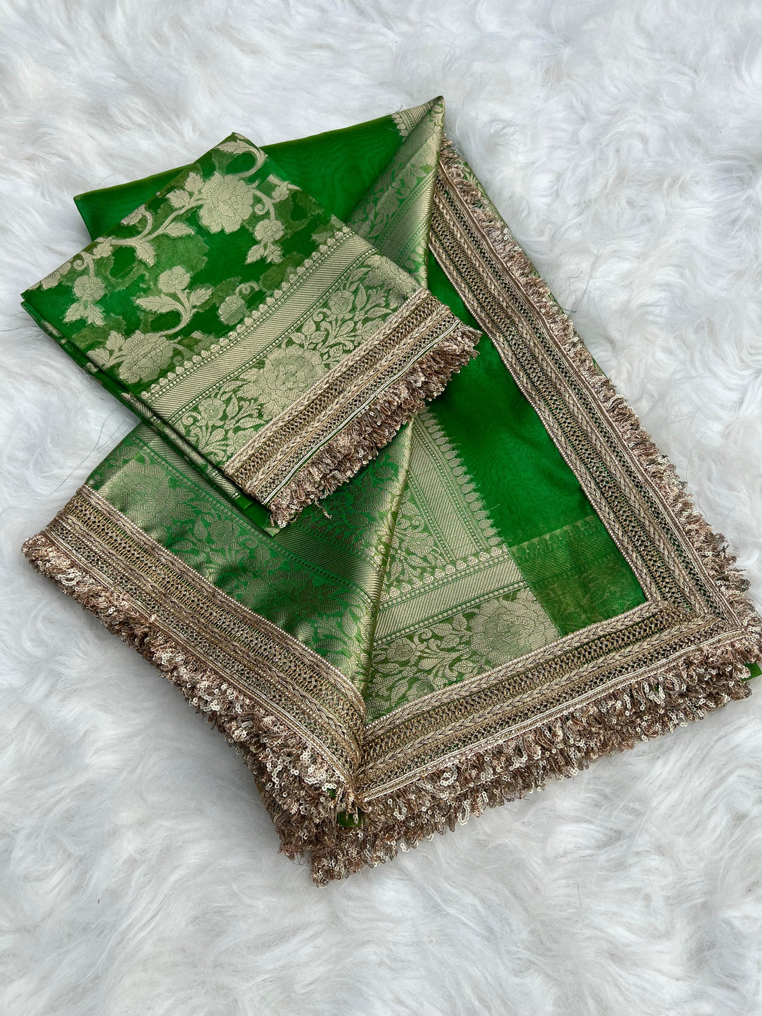 RangDhaaga Green  Banarasi Tissue Silk Saree with Rich Pallu and Lacework