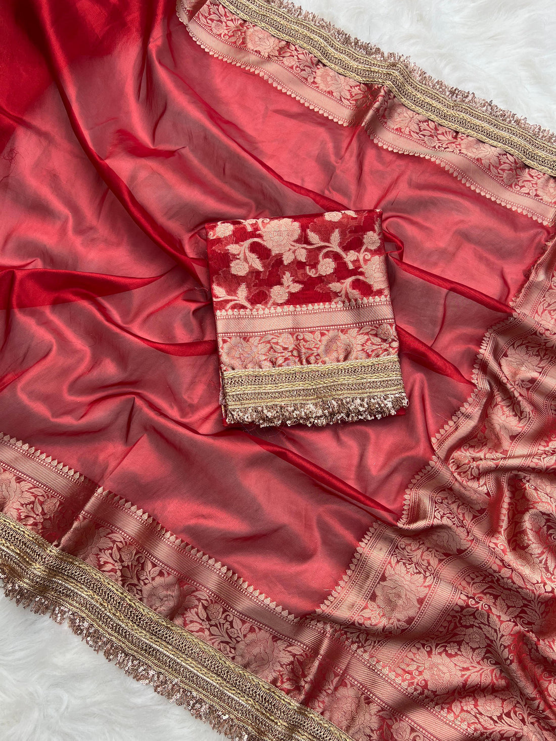 RangDhaaga Red Banarasi Tissue Silk Saree with Rich Pallu and Lacework