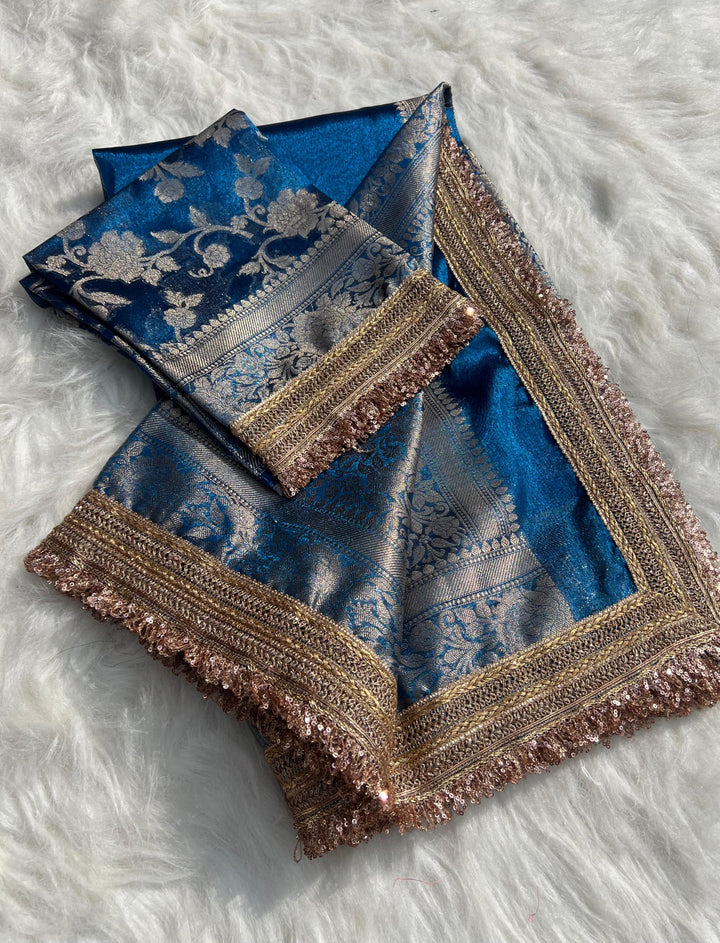 RangDhaaga Sky Blue Banarasi Tissue Silk Saree with Rich Pallu and Lacework
