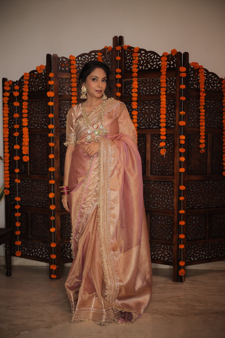 RangDhaaga Baby Pink Banarasi Tissue Silk Saree with Rich Pallu and Lacework by Tulika