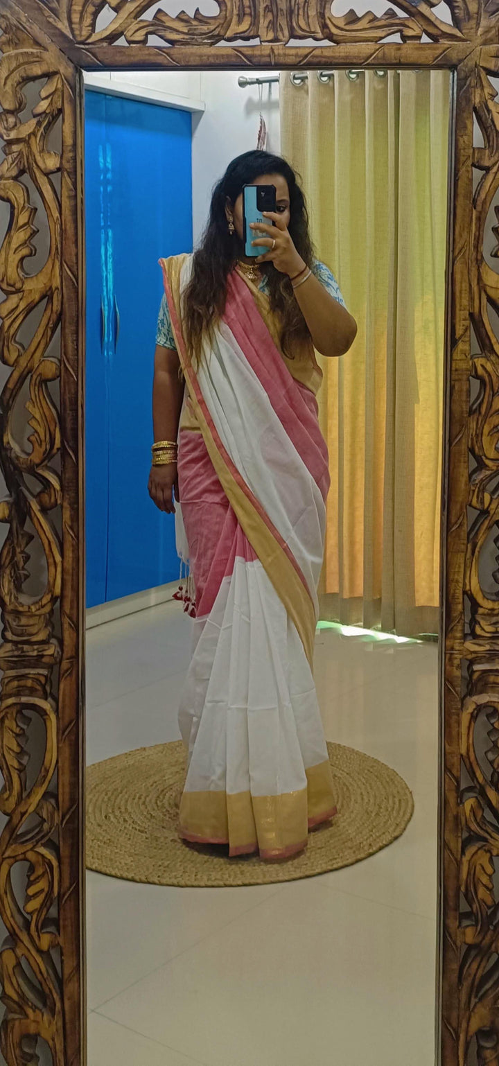Rangdhaaga White with pink Linen cotton Saree with golden pink Border