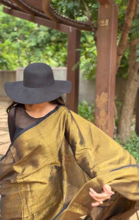 RangDhaaga Metallic golden with black border Raga Tissue Saree