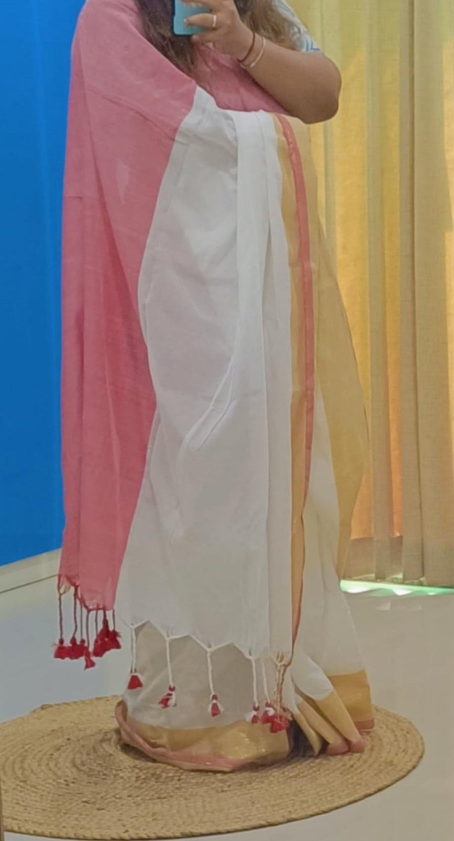 Rangdhaaga White with pink Linen cotton Saree with golden pink Border