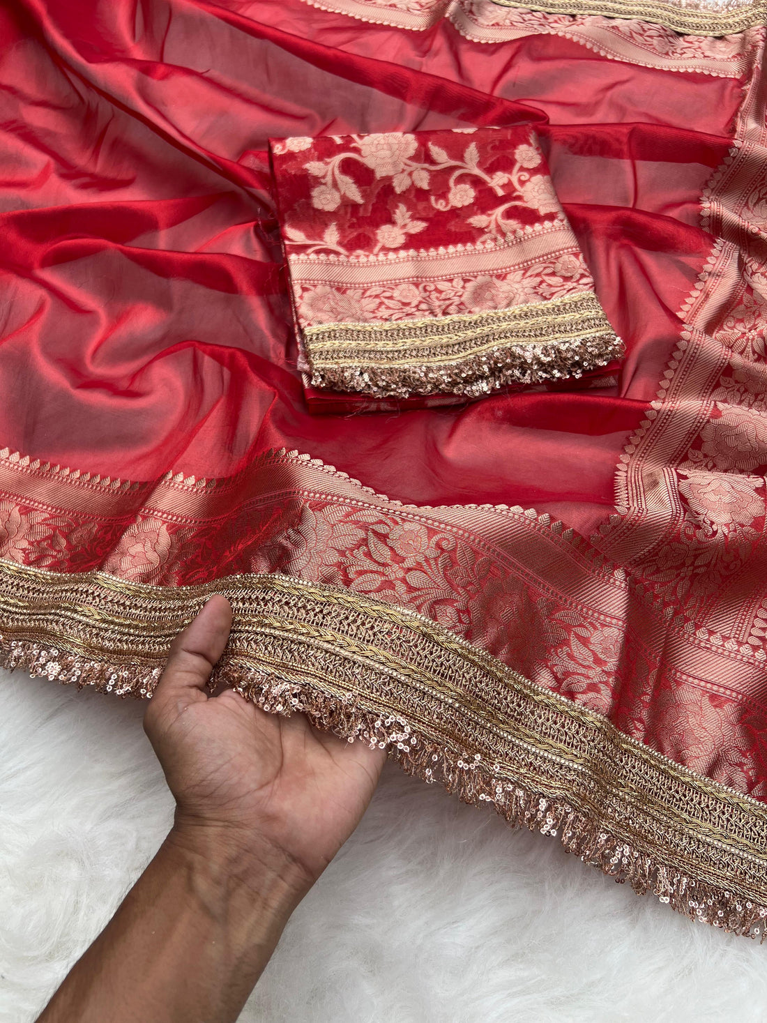RangDhaaga Red Banarasi Tissue Silk Saree with Rich Pallu and Lacework