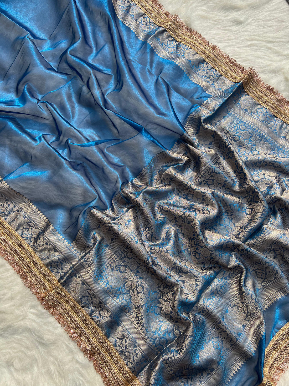 RangDhaaga Sky Blue Banarasi Tissue Silk Saree with Rich Pallu and Lacework