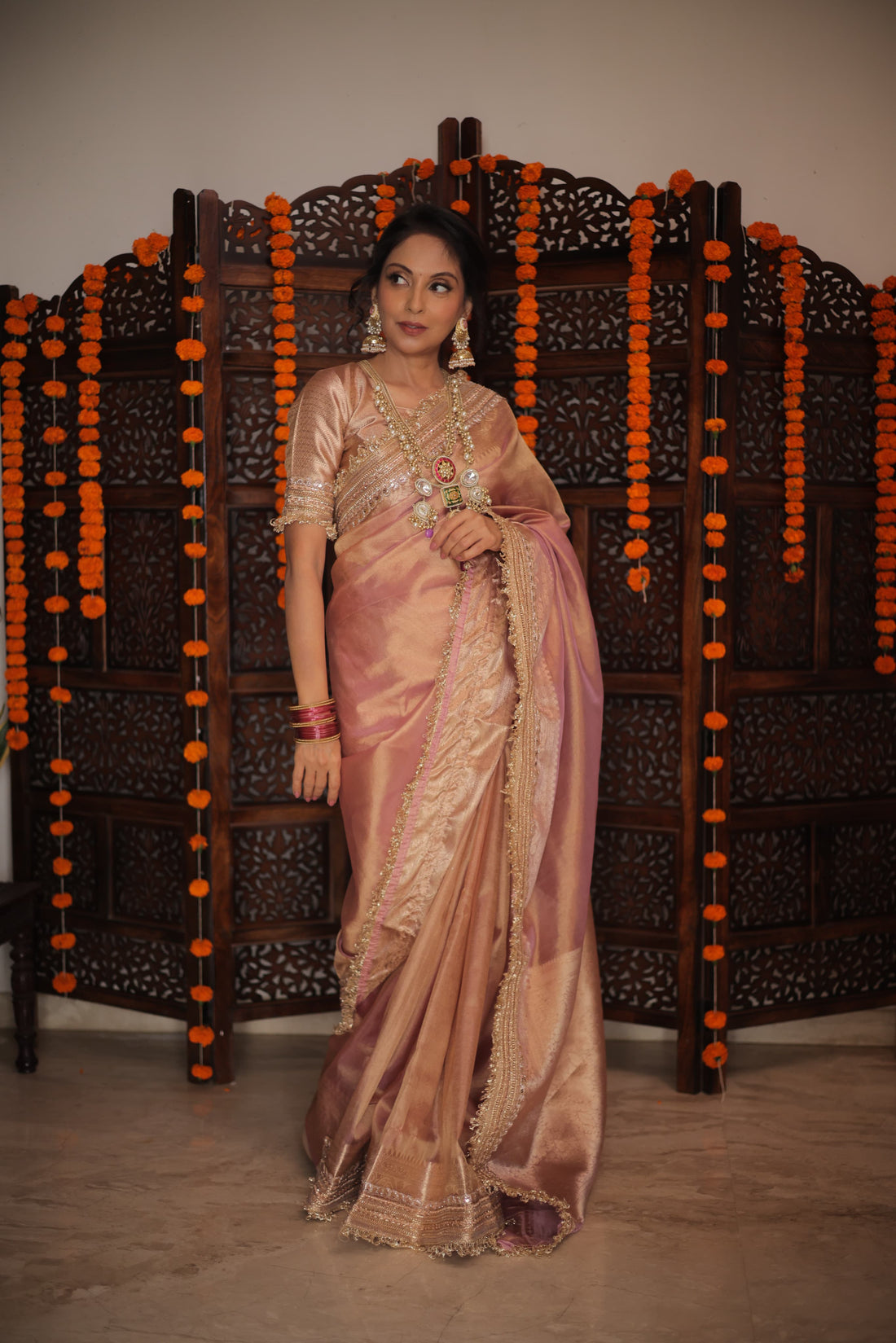 RangDhaaga Baby Pink Banarasi Tissue Silk Saree with Rich Pallu and Lacework by Tulika