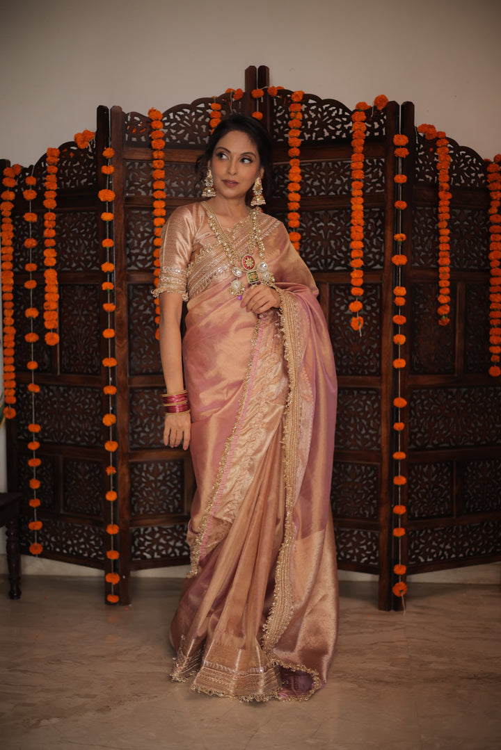 RangDhaaga Baby Pink Banarasi Tissue Silk Saree with Rich Pallu and Lacework by Tulika