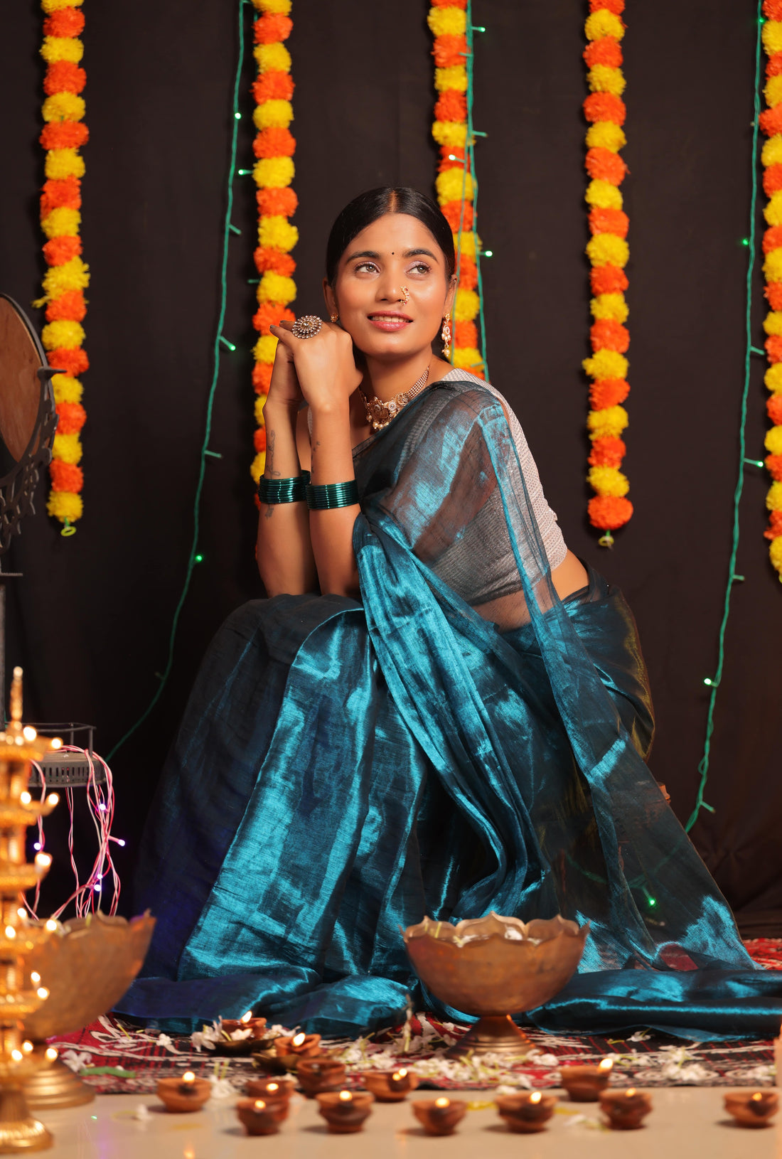 Rangdhaaga Turquoise Blue Raga Tissue Saree