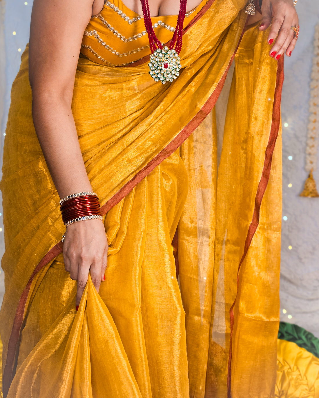 Rangdhaaga Haldi Kumkum raga tissue saree