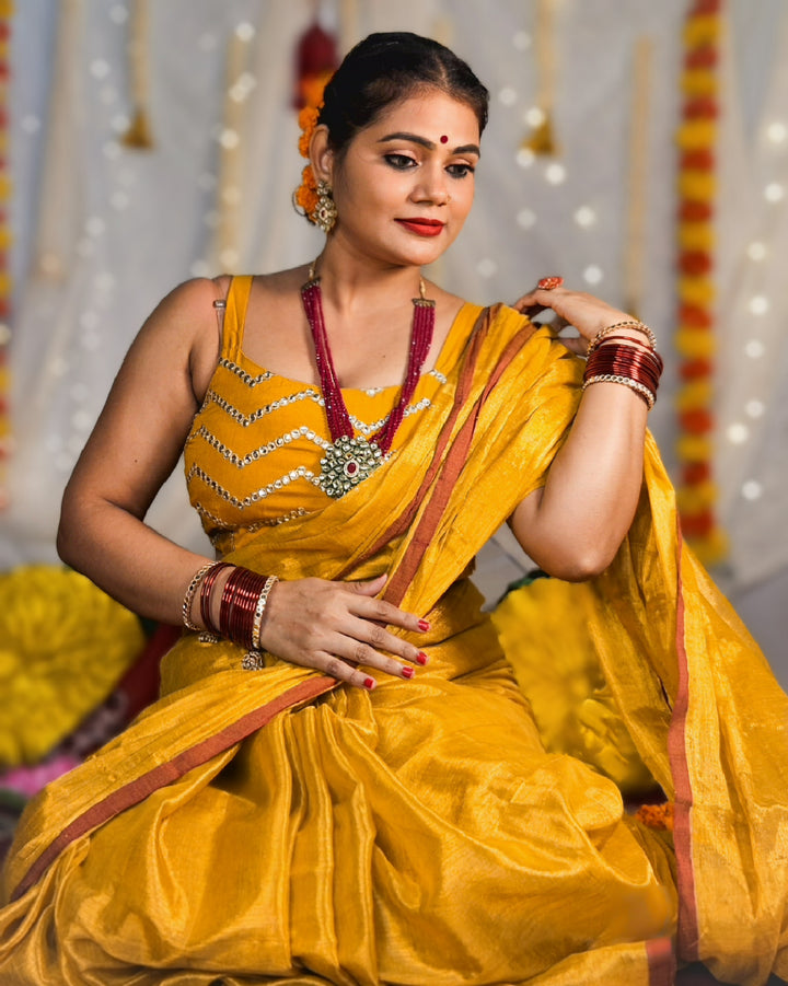 Rangdhaaga Haldi Kumkum raga tissue saree