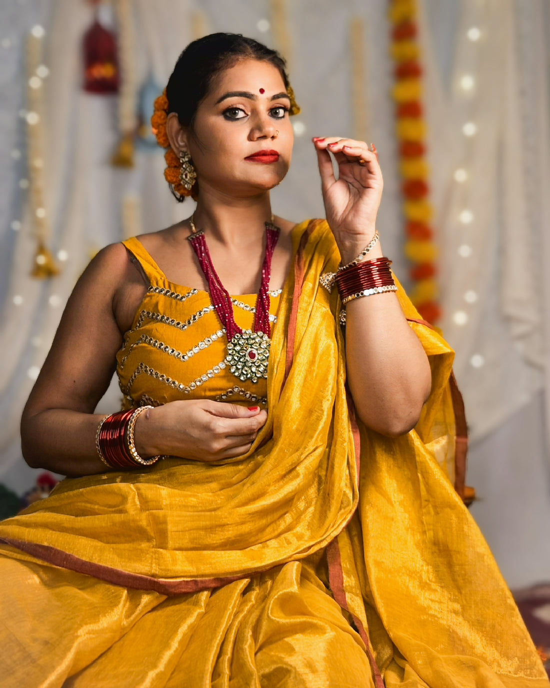 Rangdhaaga Haldi Kumkum raga tissue saree