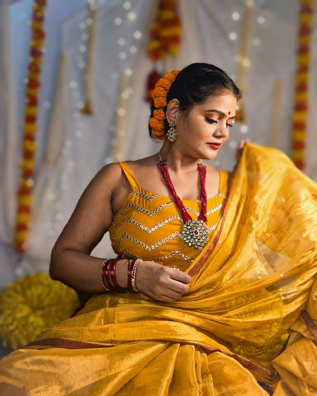 Rangdhaaga Haldi Kumkum raga tissue saree