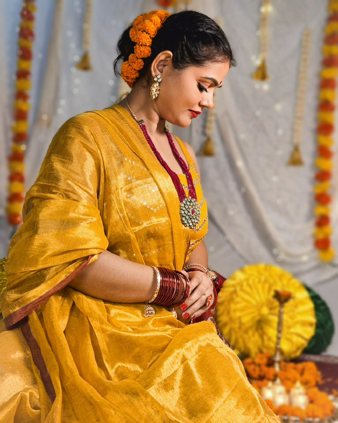 Rangdhaaga Haldi Kumkum raga tissue saree