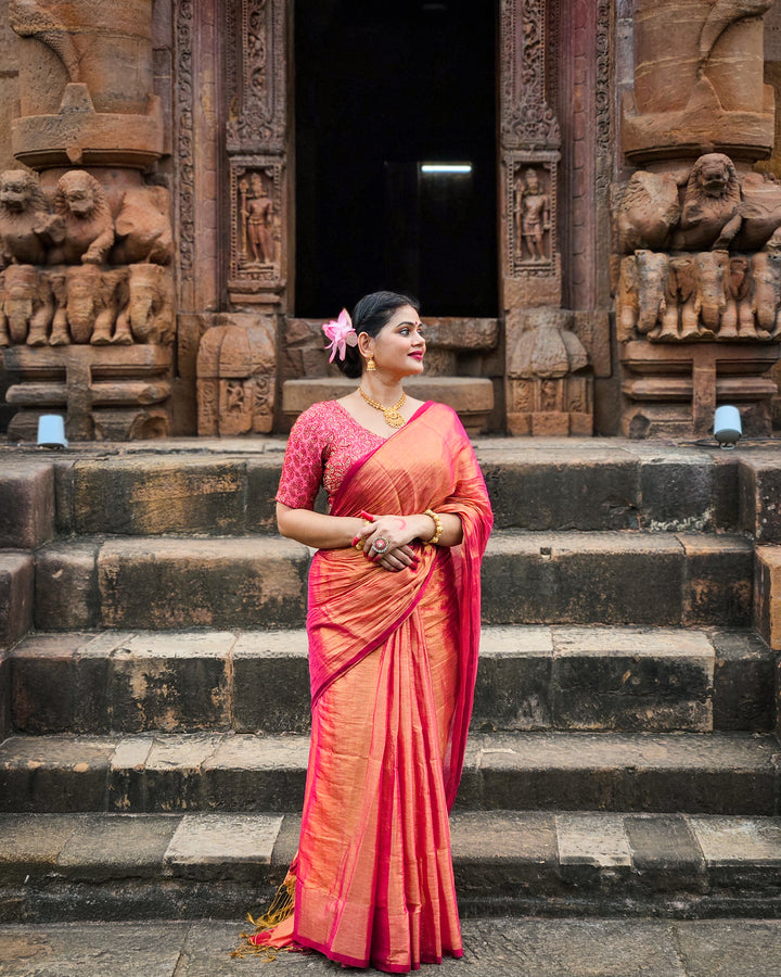 RangDhaaga Surya Kiran with pink border Raga Tissue Saree