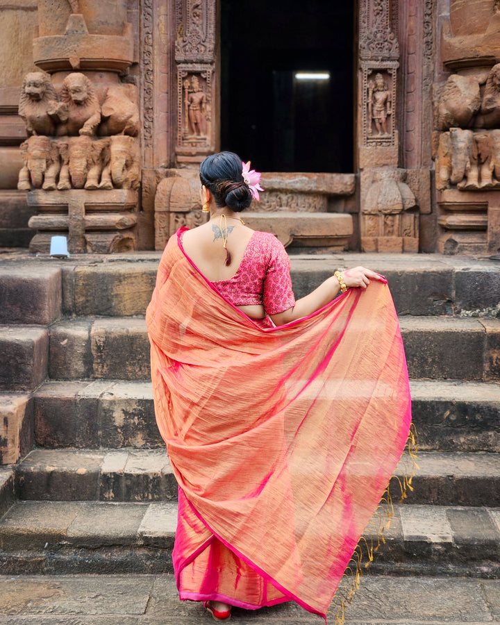 RangDhaaga Surya Kiran with pink border Raga Tissue Saree