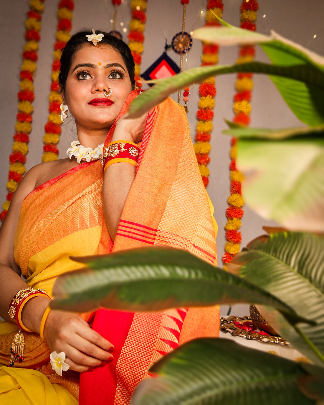 RangDhaaga Yellow & orange Saree with Temple Border